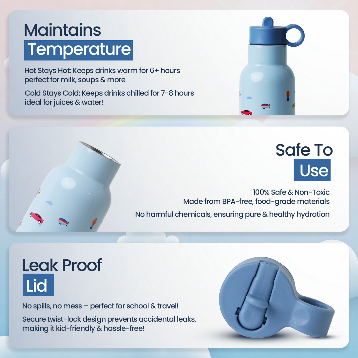 Light Blue Water Bottle with Car Theme